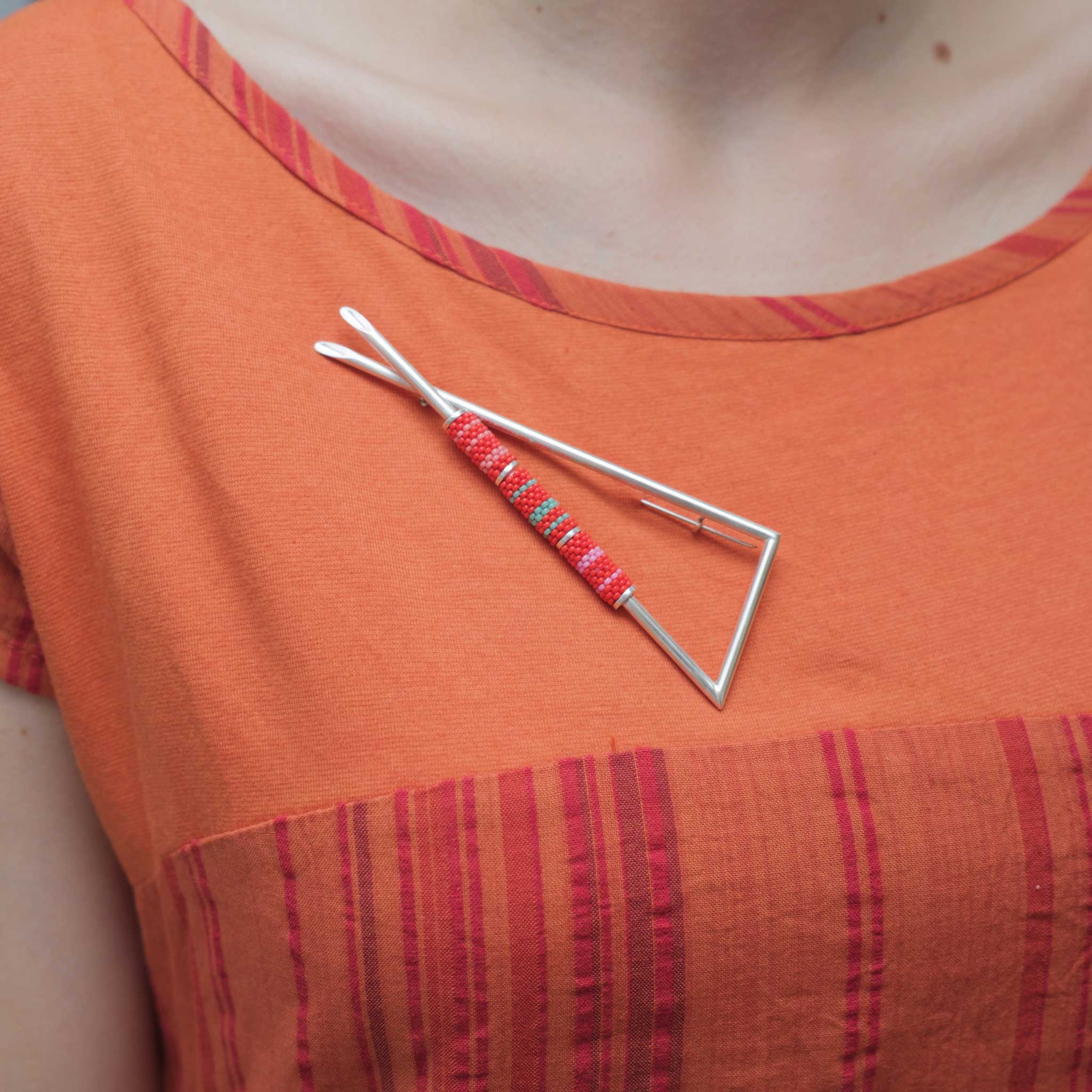 Oblique Point Brooch with Red, Pink and Green Beads
